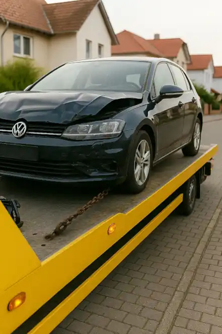 Ein defektes Auto, das für den Autoankauf in Aalen abgeschleppt wird.